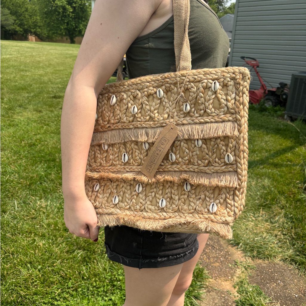 Handmade Tan And White Textured Tote Bag With Fringe And Seashells
